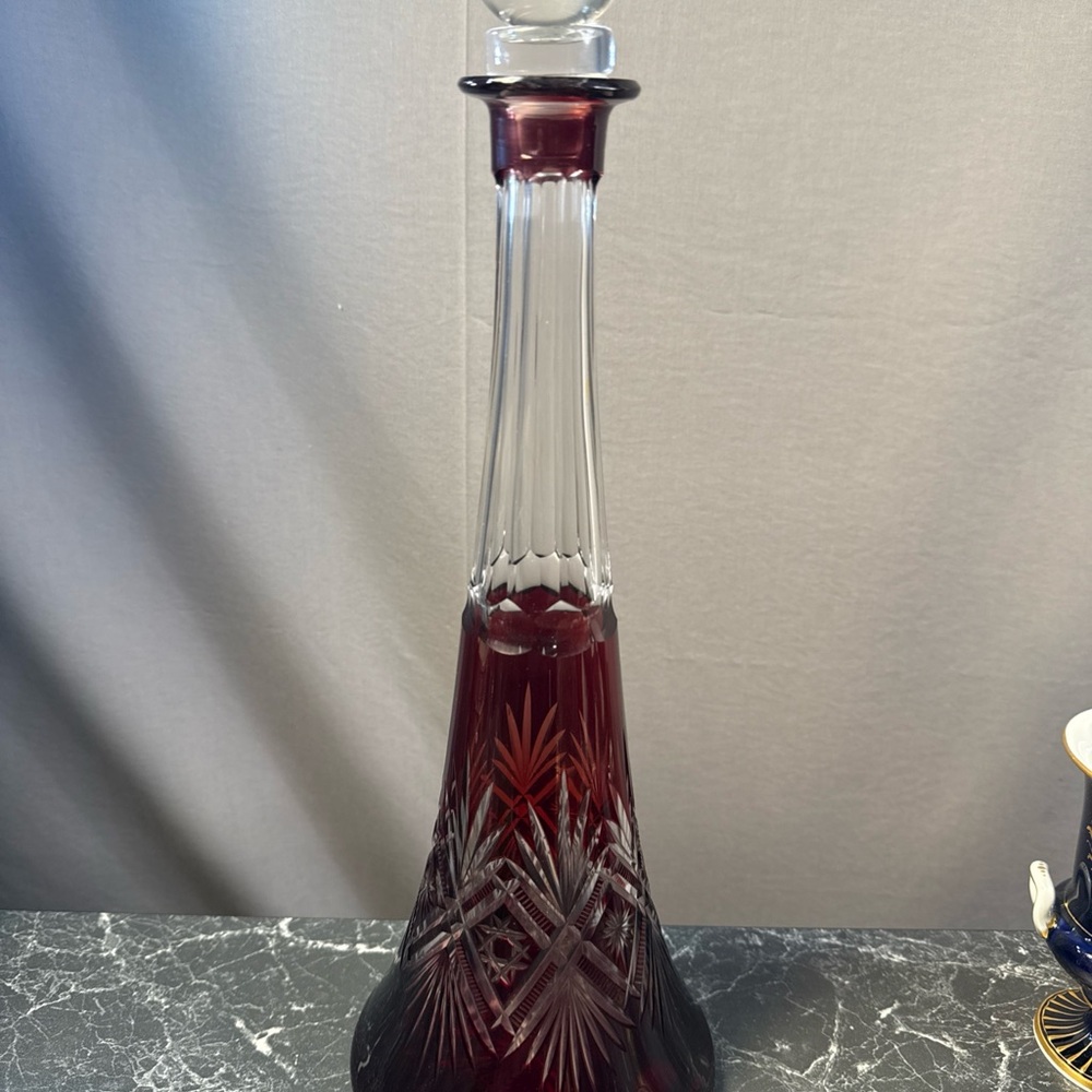 Vintage Bohemian Cranberry to Clear Cut Glass Crystal Decanter with Stopper - Picture 3 of 10